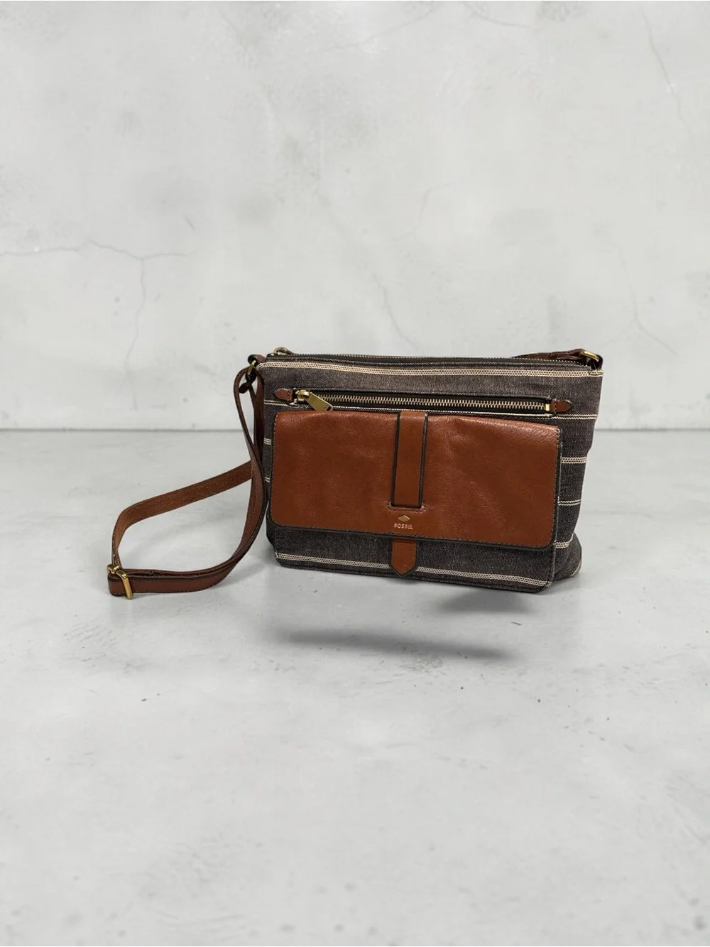 Fossil Kinley Crossbody Bag | Striped Canvas & Brown Leather Shoulder Purse